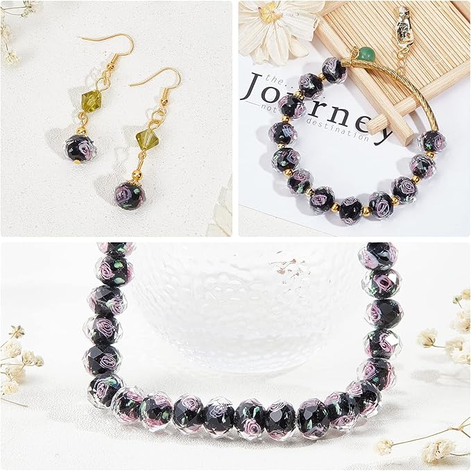 PH PandaHall 45pcs 9~12mm Gold Sand Lampwork Beads Glass Handmade Round Loose Beads for Rosary Making Jewelry Craft Making with 2mm Hole - Black