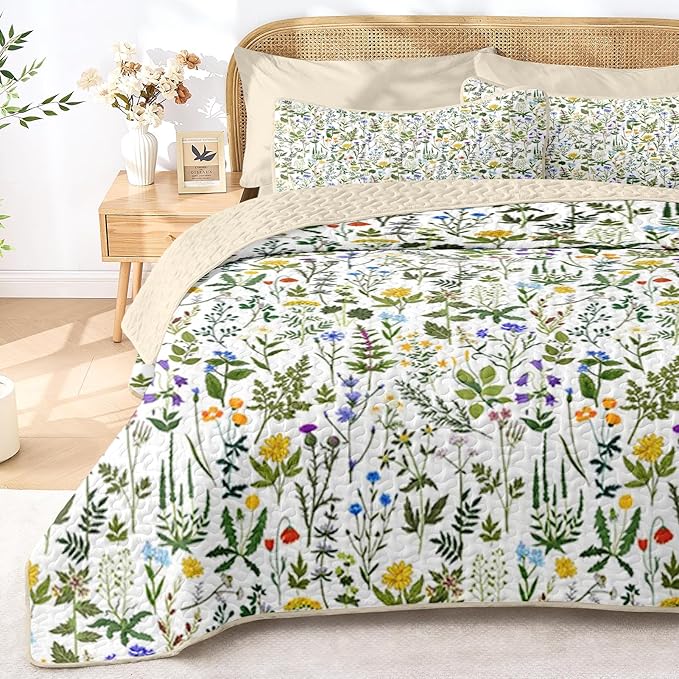 Quilt Set King Size, Garden Floral 3 Pcs Soft Bed Cover Bedding Set, Country Rustic Farmhouse Lightweight Bedspread Coverlet with 2 Pillow Sham for All Season