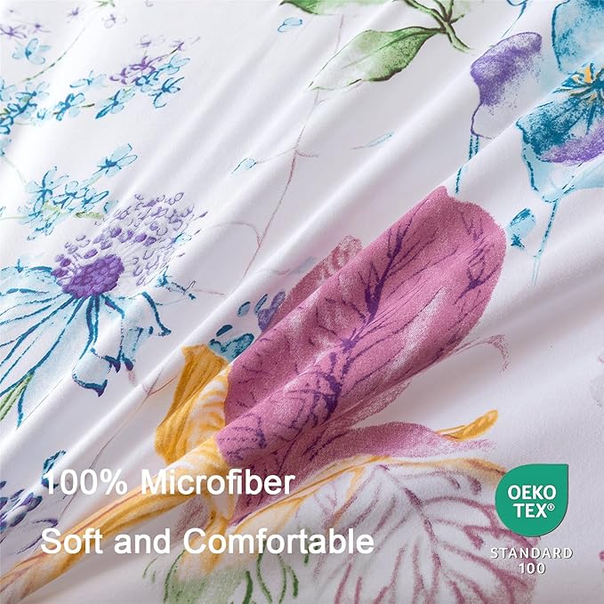 Nayoroom Floral Duvet Cover Set King Size Purple Pink Watercolor Flowers Green Plant Leaves Printed on White Comforter Cover 3Pcs Soft Microfiber Garden Style Bedding Set with Zipper Closure