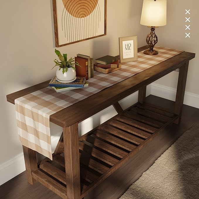 Encasa XO Cotton Dining Table Runner | Buffalo Beige Checks | Size 13x104 in - Machine Washable & Durable