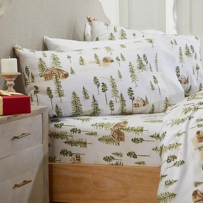 Market & Place 100% Cotton King Flannel Sheet Set | 4 Piece Deep Pocket Novelty Cozy Winter Bed Sheets | Double Brushed for Extra Softness & Comfort | Alpine Collection (King, Watercolor Forest)