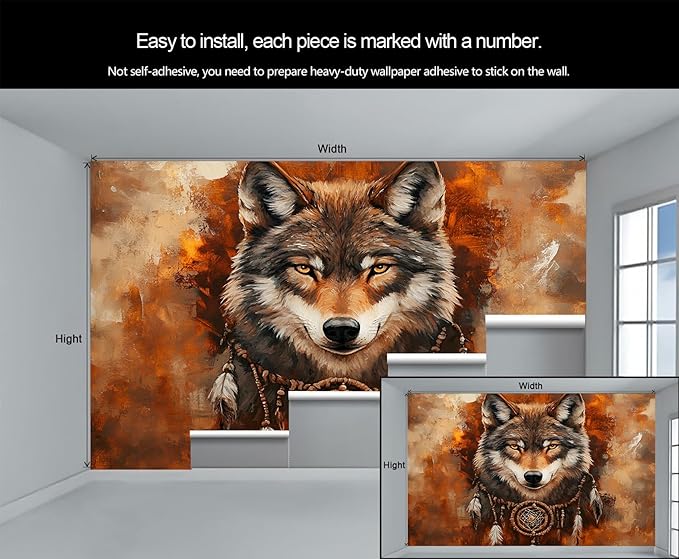 Wolf Dreamcatcher Wall Mural, Tribal Wolf 3D Wall Murals, Feathers Dreamcatcher Animal Totem Wallpaper Mural, for Living Room Bedroom Large Wallpaper Indoor Decor 137.8" W x100 H