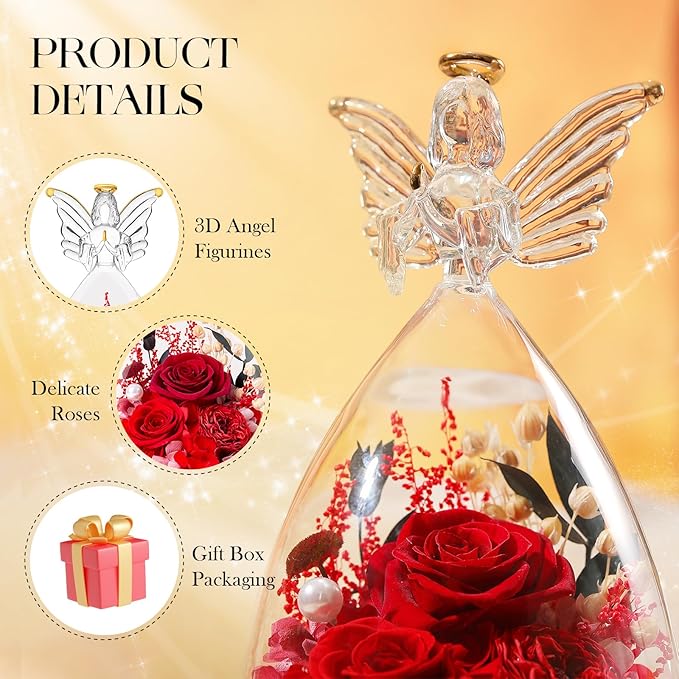 RoseValley Angel Roses Gifts for Mom,Preserved Real Flowers Roses in Glass Angel Figurines,Christmas Birthday Gifts for Grandma Women Mom Wife Mother in Law/Red