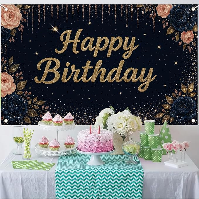 Happy Birthday Backdrop Banner Navy Blue Gold Glitter Rose Floral Birthday Party Decorations Photography Background Wedding Baby Shower Decor Booth Studio Props Supplies 71 x 43 Inch