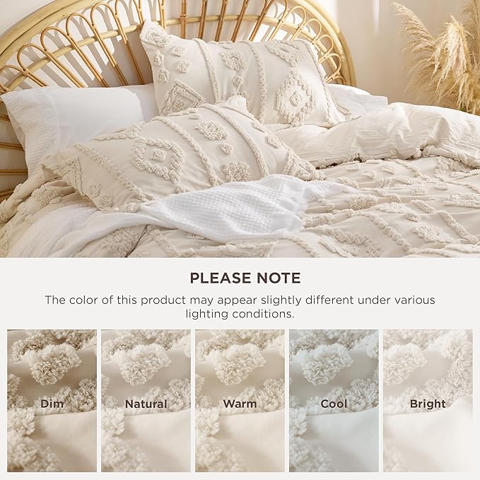 Bedsure Boho Duvet Cover Queen Size - Beige Tufted Boho Bedding, Farmhouse Shabby Chic Embroidery Bedding for All Seasons, 3 Pieces, 1 Soft Jacquard Queen Comforter Cover and 2 Pillow Shams