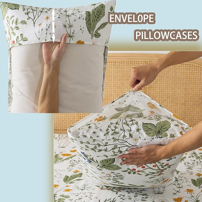 Zusbest Full Size Sheets 100% Percale Cotton Green Floral Bed Sheet Set Yellow Flower & Green Leaves Botanical Pattern Printed on White Garden Luxury Crisp Soft Deep Pocket Fitted Sheet 17.5'' 4Pcs