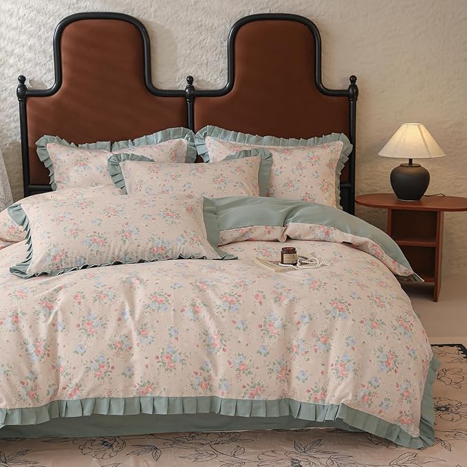 Green Ruffle Duvet Cover Twin Girls Cute Flower Bedding Set Twin 100% Cotton Romantic Lace Comforter Cover for Teen Girls Vintage Floral Botanical Duvet Cover Aesthetic Princess Lace Bedding Set