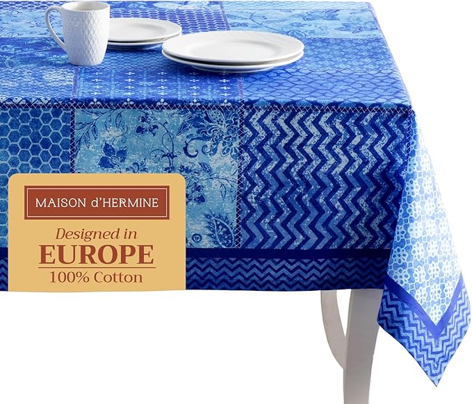 Maison d' Hermine Table Cloth Square Table 100% Cotton 60 x 60 Inches Tablecloth Reusable Decorative Everyday Use for Dining Room, Farmhouse, Home, Party, Festive & Wedding Spring Summer - Indigo Love