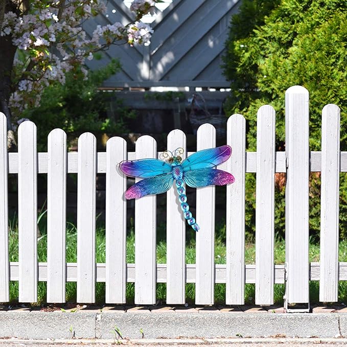 John's Studio Metal Dragonfly Wall Decor Bathroom Glass Art Iron Sculpture Outdoor Orange Hanging Decoration for Home Bedroom Garden Patio Porch or Fence - Blue