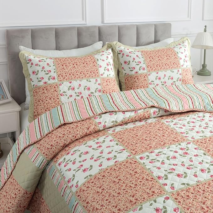 Travan 3-Piece Quilt Set Quilted Bedspread Lightweight Coverlet Set Patchwork Floral Oversized Reversible Soft Quilted Bedding Coverlet Set for All Seasons, King Size