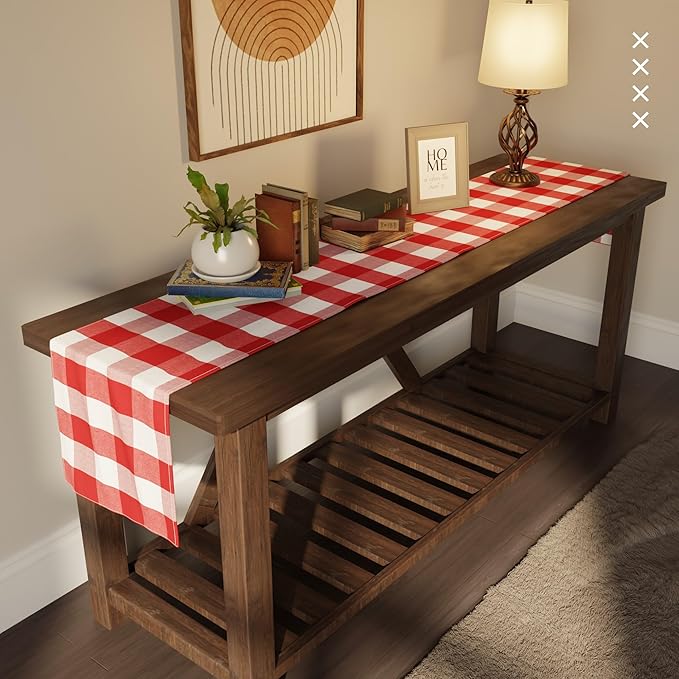 Encasa XO Cotton Dining Table Runner | Buffalo Red Checks | Size 13x120 in - Machine Washable & Durable