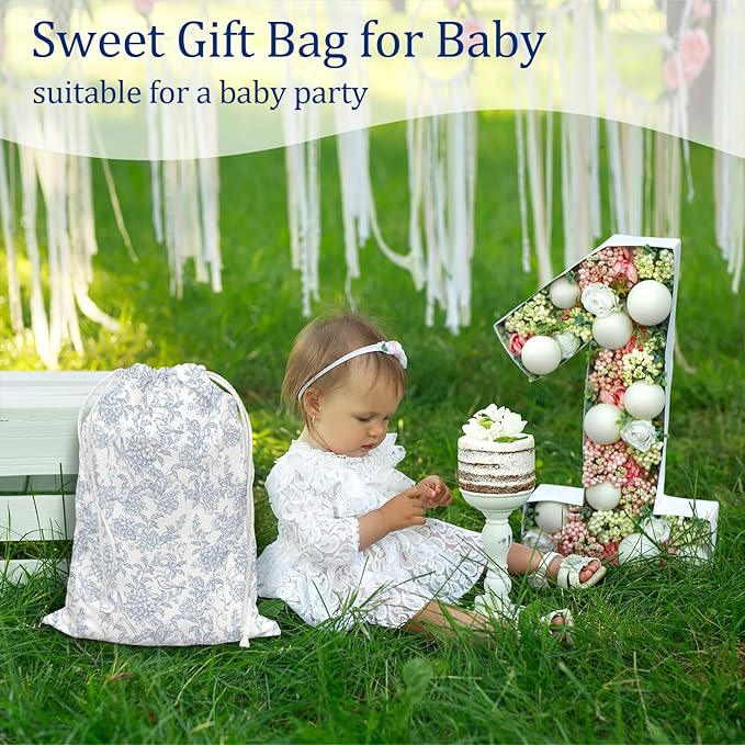 DSHFG Light Blue Toile Chinoiserie Floral Birthday Drawstring Gift Wrap Bags, Chinoiserie Baby Shower Drawstring Gift Bags Canvas, Small Happy Birthday Bag, Gifts for Women, 10x13 Inch
