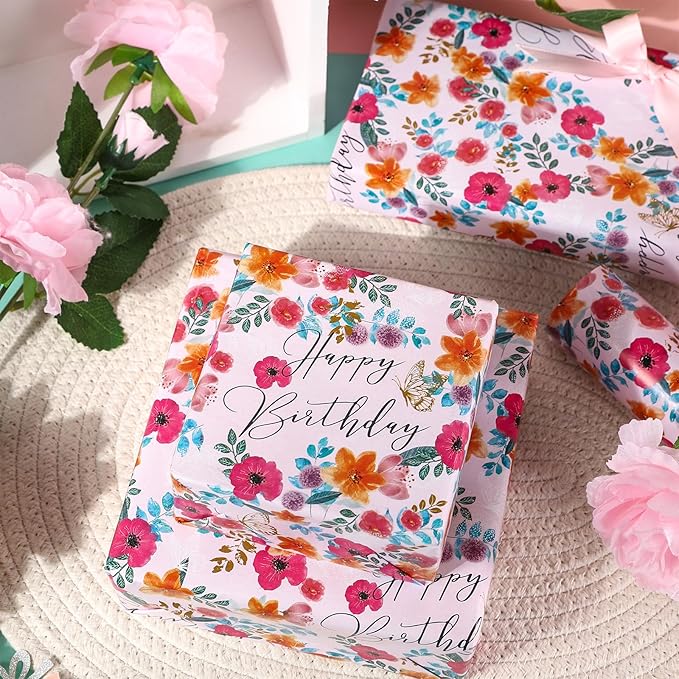 LeZakaa Happy Birthday Wrapping Paper Roll for Girls Women, Pink Floral & Butterfly, Birthday Party Gift Wrap for Girl, Women, Female, Mini Roll, 17 In x 32.8 Ft