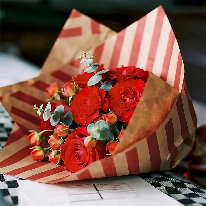 LeZakaa 20 Sheets Kraft Stripe Flower Wrapping Paper, Red Diagonal Stripes Floral Bouquet Paper for Christmas, Valentines, Mothers Day, Party, Birthday, Wedding, Baby Shower