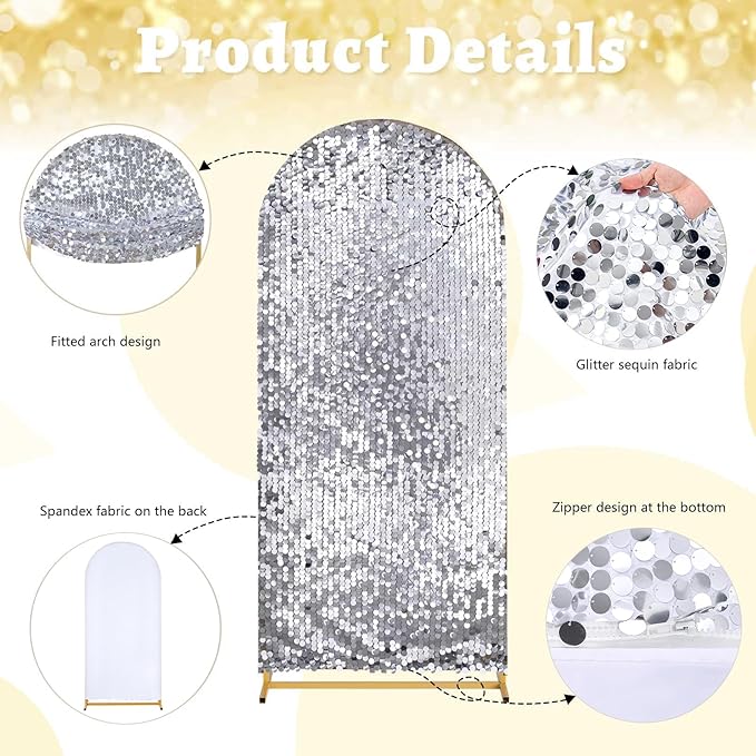 Fanqisi Silver Payette Sequin Arch Covers: 6.6FT Arch Backdrop Cover Gold Sparkly Backdrop Cover for Party Bridal Shower Decor