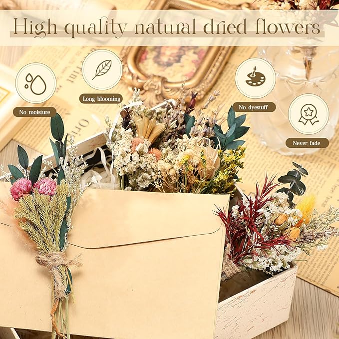 Layhit 12 Pack Boho Dried Flower Bouquet Mini Wedding Handmade Dry Flowers Decor for Vase Crafts DIY Photo Boutonniere for Men Floral Plant for Bridesmaid Gift Birthday Decor(Bright)