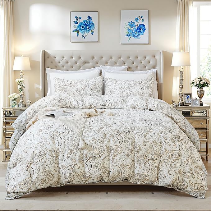 100% Cotton Duvet Cover King Size- 3 Pcs Grey Paisley Comforter Cover, Soft & Breathable Floral Bedding Duvet Cover Sets with Zipper Closure for All Season