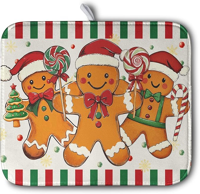 Christmas Dish Drying Mat Gingerbread Man Candy Cane Xmas Tree Drying Mats for Kitchen Counter Winter Holiday Dish Drainer Pad Absorbent Microfiber Dish Draining Mat 16x18 Inch