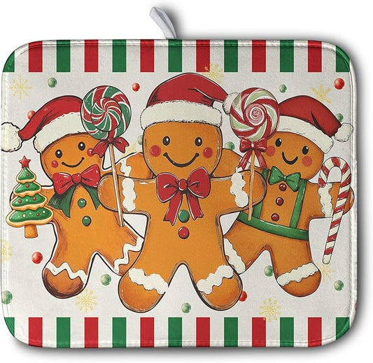 Christmas Dish Drying Mat Gingerbread Man Candy Cane Xmas Tree Drying Mats for Kitchen Counter Winter Holiday Dish Drainer Pad Absorbent Microfiber Dish Draining Mat 16x18 Inch