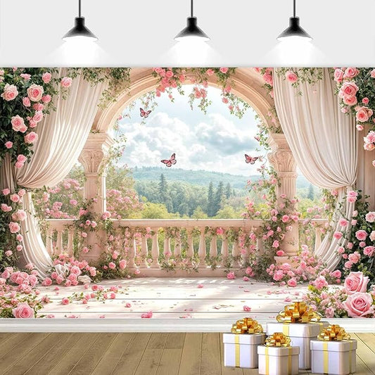 10X8ft Pink Floral Photography Backdrop, Retro Flowers Photography Backdrop Dreamlike Wedding Portrait Photo Background Wedding Birthday Party Background Banner Decor, Pink-1