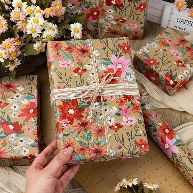 Burymento Kraft Daisy Flowers Wrapping Paper, Cut Auxiliary Line Design Gift Wrap for Baby Shower, Birthday, Valentines, Mothers day, Graduation, Wedding, Fathers day, Christmas (17 Inch X 32.8 Feet)