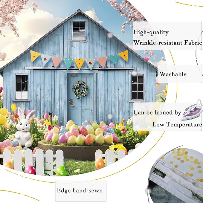 Easter Backdrop Spring Farm Barn Rabbit Bunny Egg Floral Grassland Photography Background Easter Party Decoration Supplies Favors Cake Table Banner Photo Booth Studio Props 7x5ft
