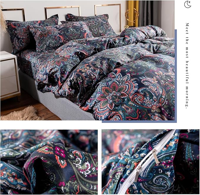 VM VOUGEMARKET Retro Paisley Duvet Cover Queen Size Boho Damask Duvet Cover Sets 100% Brushed Cotton Bedding Set,1 Duvet Cover and 2 Pillow Shams for All Seasons-Stormy Blue