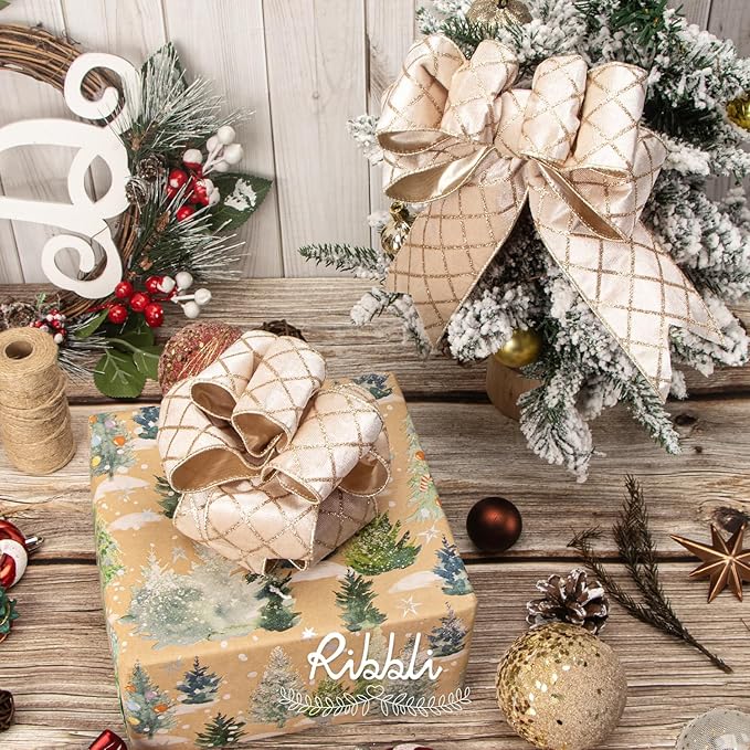 Ribbli Light Champagne Velvet Ribbon Wired with Glitter Diamond Grid 2-1/2 Inch Christmas Ribbon for Christmas Tree Decoration Big Bow Gift Wrapping Crafts Wreaths Garland Supplies - 10 Yards