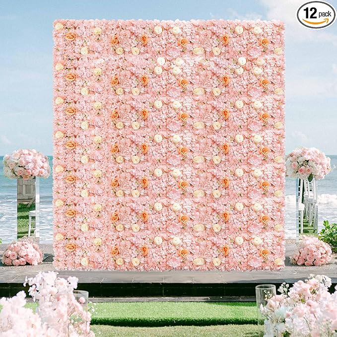 FOTSHARER Pink Artificial Flower Wall 15''x15'' Floral Wall Panels 12 PCS Wedding Flower Panels for Backdrop Floral Wall Set for Parties