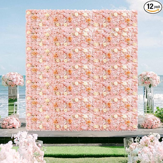 FOTSHARER Pink Artificial Flower Wall 15''x15'' Floral Wall Panels 12 PCS Wedding Flower Panels for Backdrop Floral Wall Set for Parties