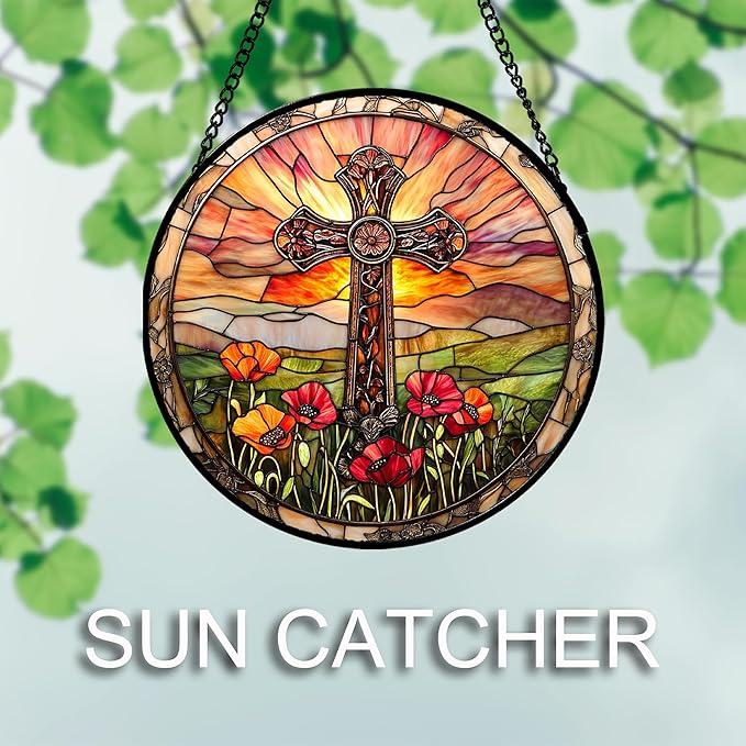 Christian Gifts for Women - Cross Stained Glass Window Hanging Jesus Easter Poppy Sunset Landscape Sun Catcher Garden Religion Decor Mother's Day Catholic Gift for Men Grandma Mom Her 11.8"