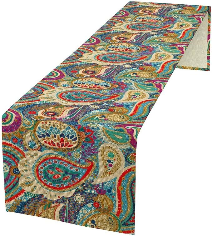 Boho Paisley Table Runner, Colorful Indian Mandala Floral Golden Aeccent Bohemian Style Table Runnner for Kitchen Dining Holiday Party Decoration, 13x90 Inch