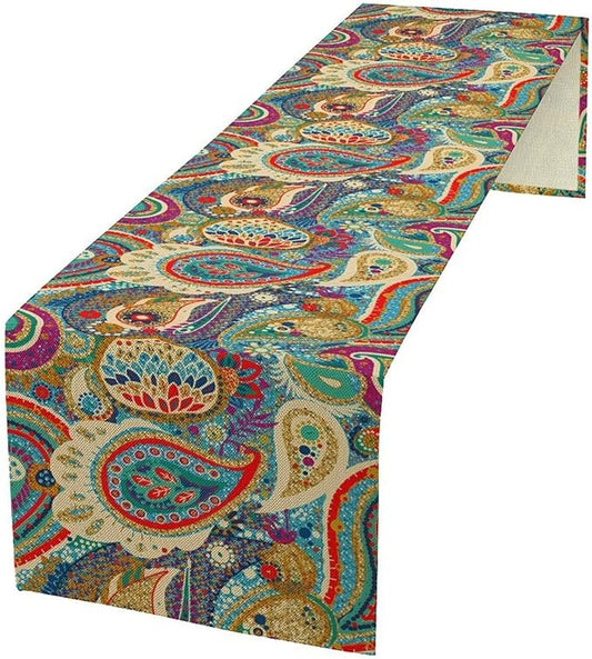 Boho Paisley Table Runner, Colorful Indian Mandala Floral Golden Aeccent Bohemian Style Table Runnner for Kitchen Dining Holiday Party Decoration, 13x90 Inch