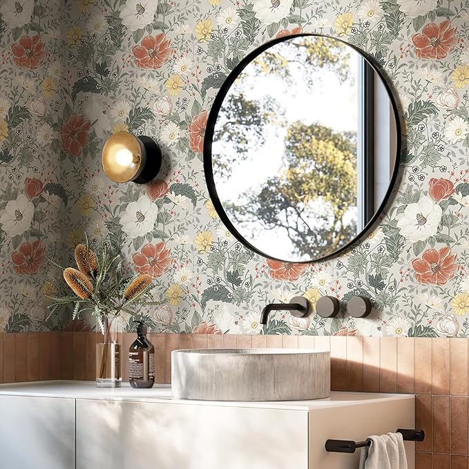 Simon&Siff Vintage Wallpaper Peel and Stick Modern Floral Wall Paper Farmhouse Botanical Contact Paper Removable Renter Friendly Wallpaper for Cabinets Countertop Wall 17.3" x 118"