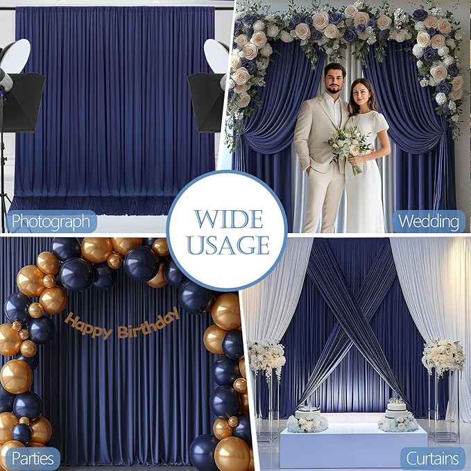 20x10ft Wrinkle Free Navy Blue Backdrop Curtain for Parties Soft Fabric Drapes Wedding Curtain Backdrop for Birthday Party Decorations Background for Photography 5x10ft, 4 Panels