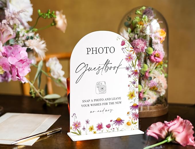 Photo Guest Book Sign for Wedding Table Decor, Wild Flower Arch Acrylic Wedding Signs for Reception, Love Is In Bloom Bridal Shower Floral Engagement Party Decorations, 6x8 Inch