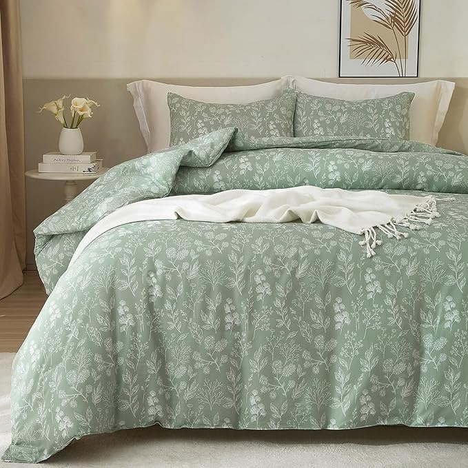 HighBuy 3 Piece Full Duvet Cover for Girl Green Botanical Floral Comforter Cover Full 100% Cotton Garden Chic Bedding Set with 2 Pillowcases All Season Cozy Floral Duvet Cover Set