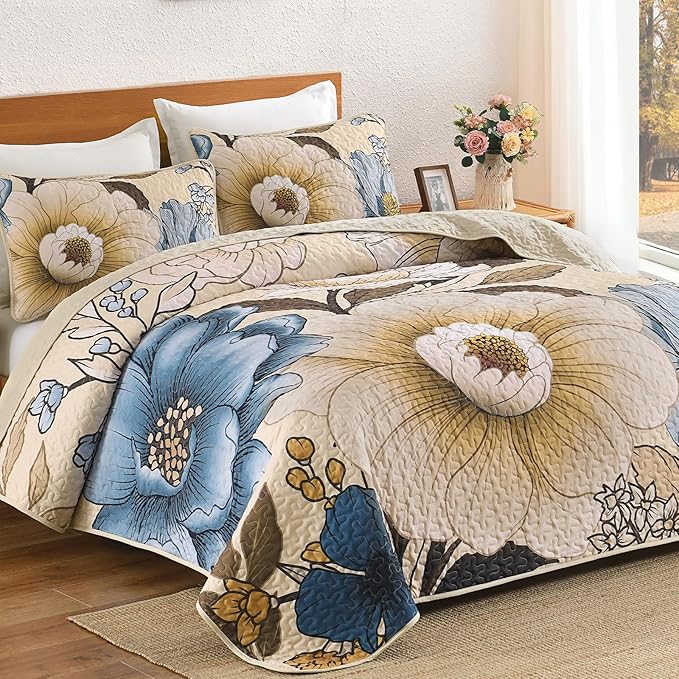 Dintszyayue Khaki Quilt Set King, 3 Pieces Beige Floral Bedspreads Lightweight Coverlet Set for All Seasons, Reversible Quilted Printed Bedding Set with 2 Pillow Shams