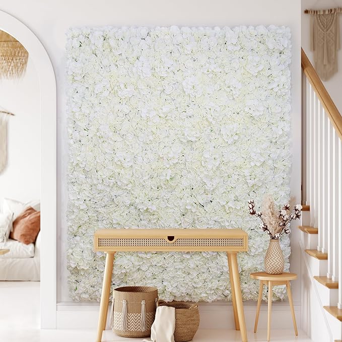 Silk Flower Wall Panels Backdrop 15 * 15inch- 12Pcs Wedding Wall DIY 3D Floral Panels Handmade Fake Flower Screen for Photo Photography Party Event Baby Shower Wall Background Décor-White