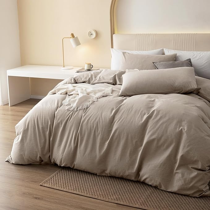JIYUAN 100% Washed Cotton Duvet Cover Set 3 Pieces Queen, 1 Duvet Cover 90x90 Inches(Comforter Not Included) and 2 Pillowcases,Linen Feel Bedding Set Comfy and Breathable, Heathered Tannish Linen Grey