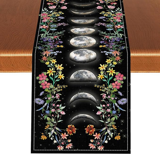 Boho Floral Table Runner, Spring Gothic Moon Phase Wildflower Mystical Witchy Farmhouse Coffee Table Center Decor for Home Kitchen Dining Patio Holiday Party Table Decorations 13x108 inches