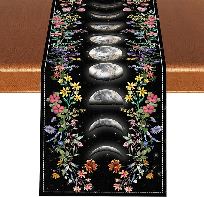 Boho Floral Table Runner, Spring Gothic Moon Phase Wildflower Mystical Witchy Farmhouse Coffee Table Center Decor for Home Kitchen Dining Patio Holiday Party Table Decorations 13x36 inches