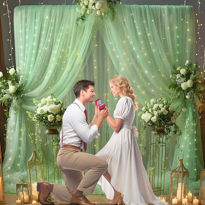 10x10ft Olive Green Tulle Backdrop Curtain with Lights String for Parites, Sheer Backdrop Curtains for Christmas Wedding Baby Shower Birthday Party Photo Shoot Decorations
