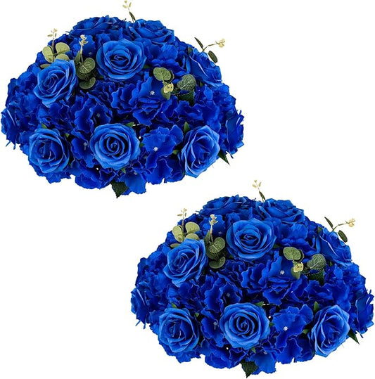 NUPTIO Artificial Flower Centrepieces for Tables - 2 Pcs Large Fake Flowers Roses Balls 15.7 inch Diam - Royal Blue Silk Faux Rose Arrangement Bouquet for Wedding Party Centerpiece Table Decorations