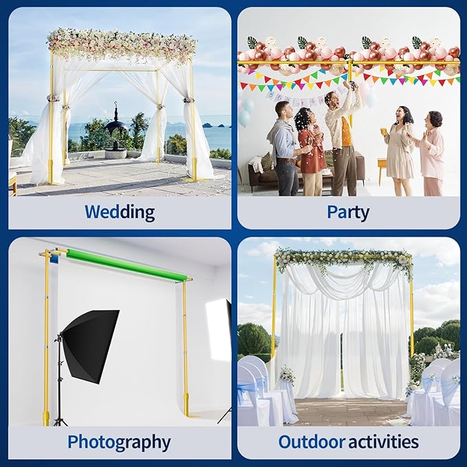 8.9x10ft Pipe and Drape Backdrop Stand, Double Crossbar, Heavy Duty Adjustable Background Frame with Metal Base for Parties Photography Wedding Photoshoot Decoration - Gold