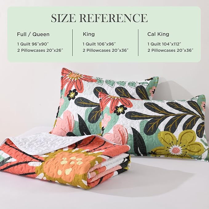 Andency Floral Boho Quilt King Size Bedding Set Green, 3 Pieces Farmhouse Flower Botanical Summer Bedspreads with 2 Shams, Soft Reversible Lightweight Microfiber Coverlet Set for All Season, 106"x96"