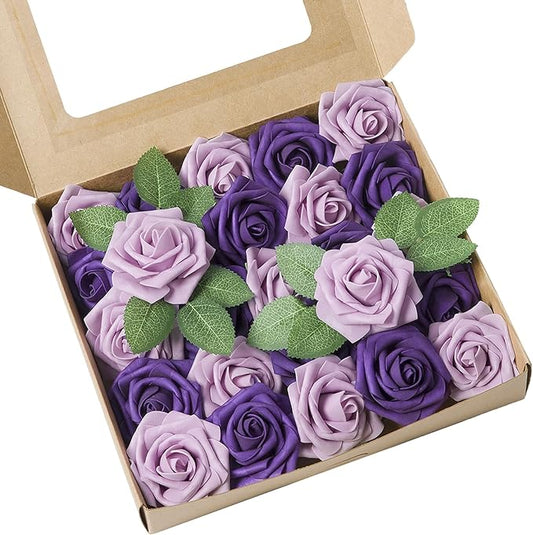 Meldel Artificial Flowers 100pcs Real Looking Purple Lilac Foam Fake Roses with Stems for DIY Wedding Bouquets Bridal Shower Centerpieces Floral Arrangements Home Decorations