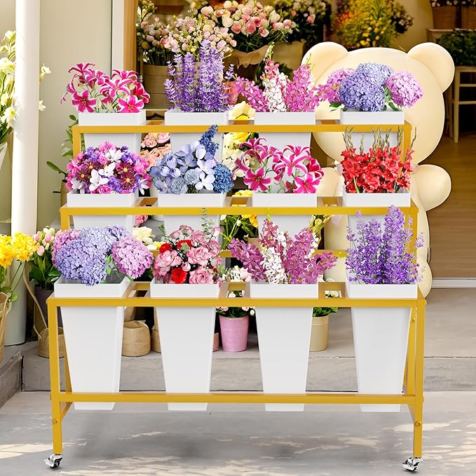 Asee'm Flower Display Stand With 12PCS Buckets 3 Tier Flower Cart Display Stand with Wheels Heavy Duty Moving Metal Plant Stand Flower Bar Flower Rack for Florist Indoor Outdoor Patio Garden Gold