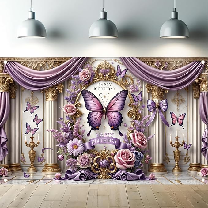 Floral Birthday Backdrop Banner for Girls Spring Butterfly Happy Birthday Photography Background Pink Flower Blossom Plant Pastel Lovely Princess Banner Photo Booth Studio 70.8 x 43.3 Inch