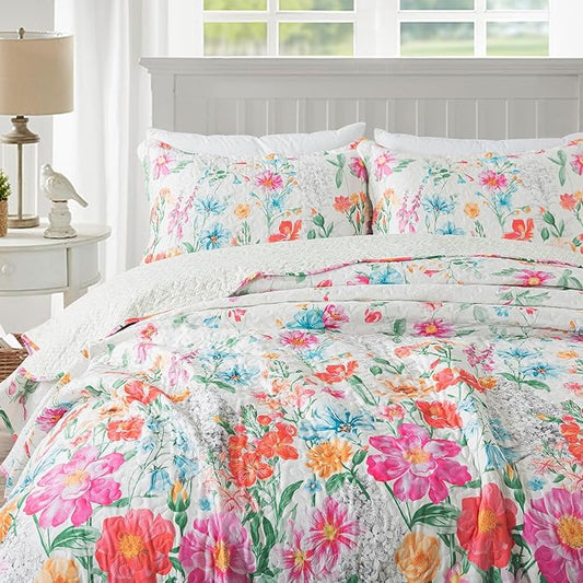 Travan Floral Quilt Bedding Set, Ultra Soft Reversible King Size Quilt Set with 1 Quilt Set and 2 Shams Red Flower Quilt for All Season, Coreopsis-Red, King